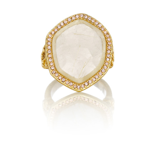 Framed + Faceted Rutilated Quartz Ring on a white background
